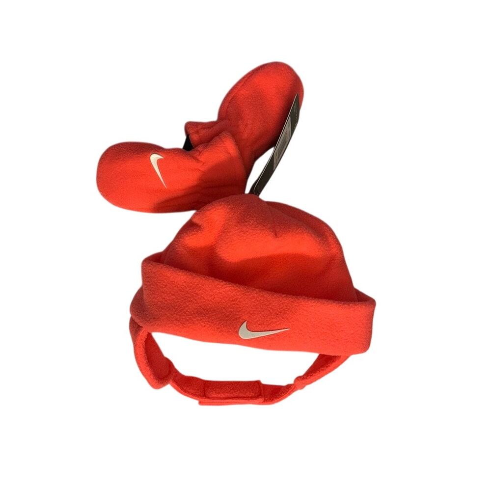 Nike Bright Pink Fleece 2 Piece Set Infant Hat with Chin Strap & Mittens NEW - Picture 2 of 7